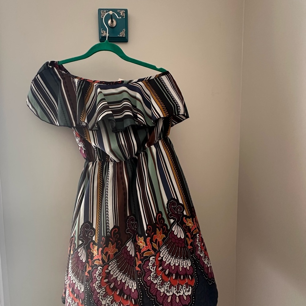 Misope Strapless Dress with Stripes and Floral Design